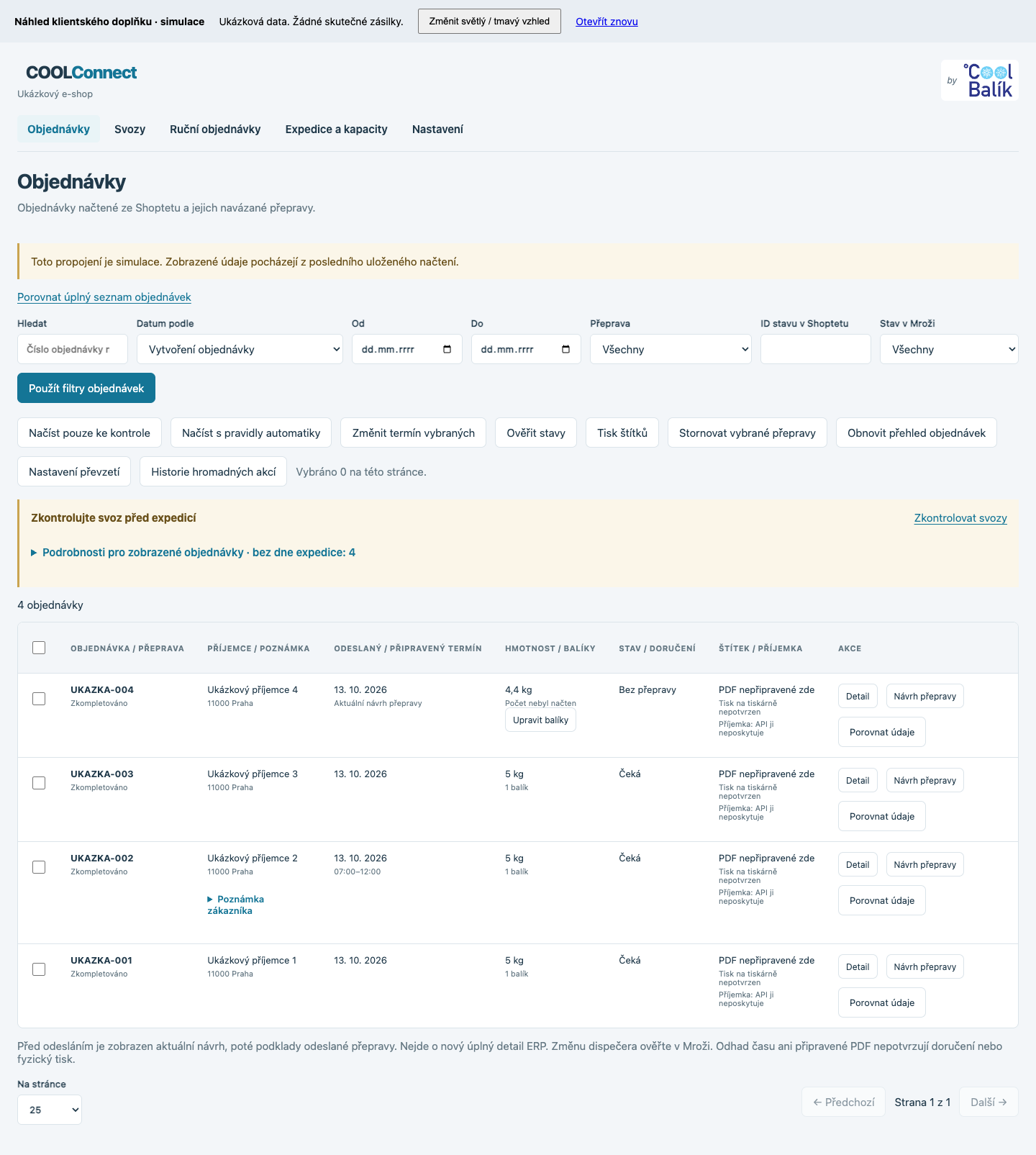 Four anonymous example orders in the COOLConnect add-on