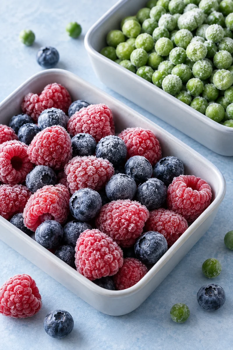 Illustrative image of frozen raspberries, blueberries and peas