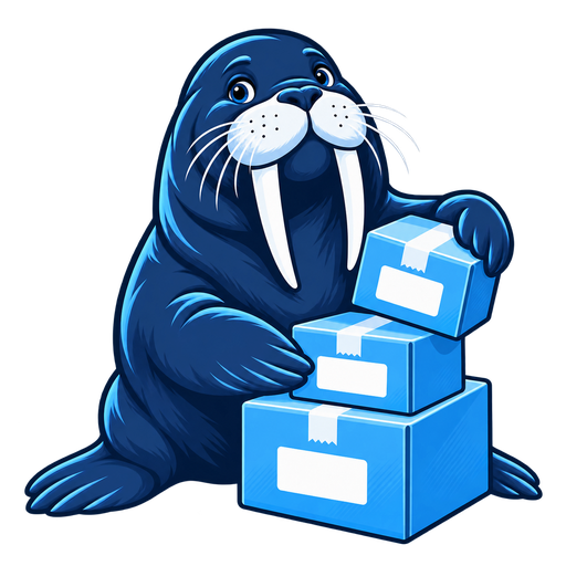 Illustration of the Mrož walrus with parcels ready for dispatch